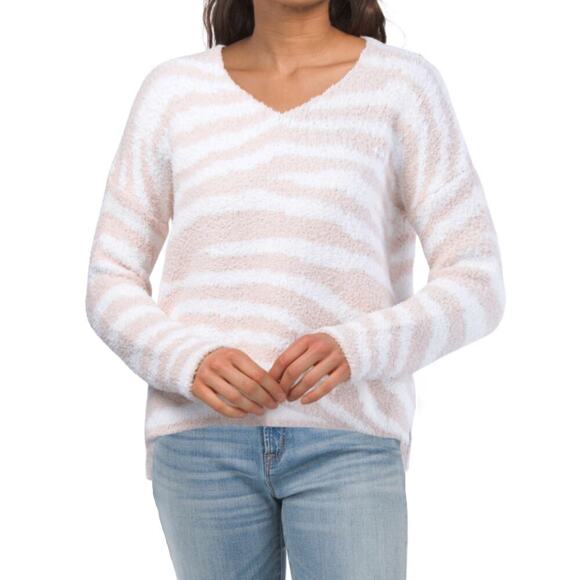 NWT Rachel Zoe Women's V-Neck Hi-Low Hem Fuzzy Knit Zebra Print Cozy Sweater - Picture 1 of 6